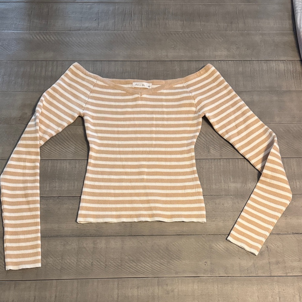 Elegant Tan and White Striped Off-Shoulder Top